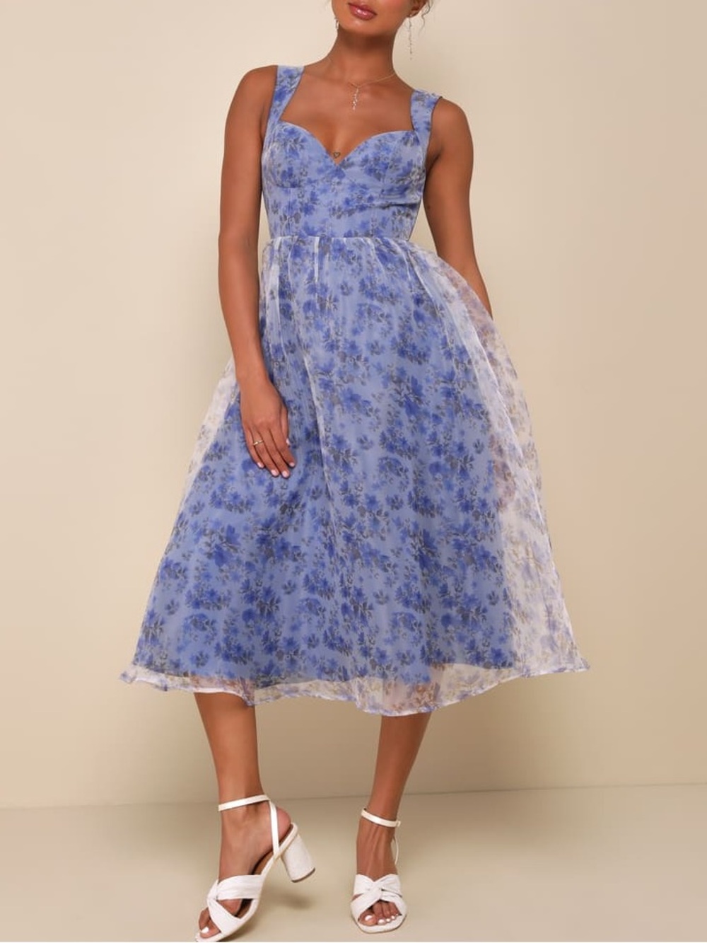 Lulus Delightful Impulse Blue Floral Organza Bustier Midi Dress Size S